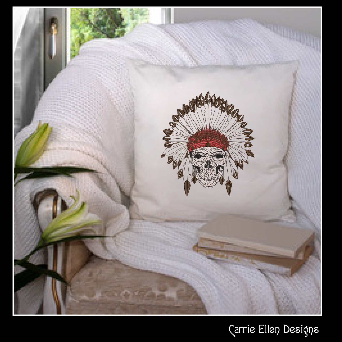 Native American Skull Headdress with Feathers, Indian Skull Machine Embroidery Design, Tribal Skull Art, 6 Sizes (1923)