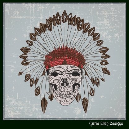 Native American Skull Headdress with Feathers, Indian Skull Machine Embroidery Design, Tribal Skull Art, 6 Sizes (1923)