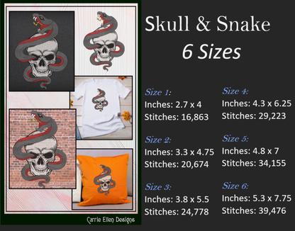 Snake Entwined Skull Machine Embroidery Design | Gothic Skull & Serpent Pattern | Dark Art Embroidery | 6 Sizes (1927)