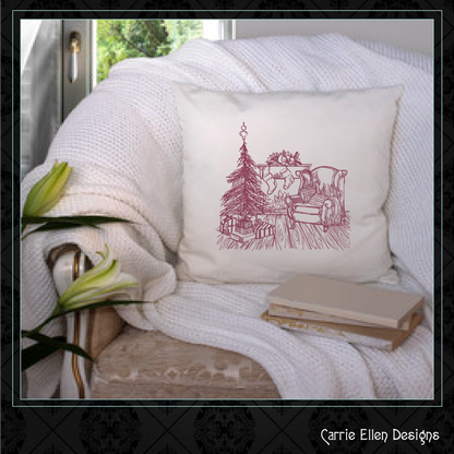 Christmas Morning Sketch Machine Embroidery Design | Cozy Holiday Line Art Pattern | Christmas Tree & Gifts Scene | 6 Sizes (1936)