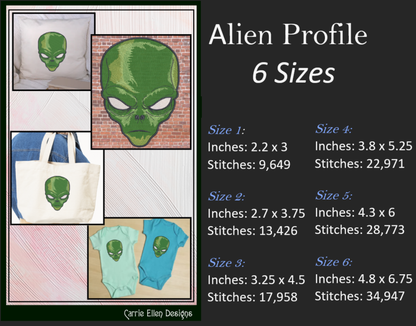 Alien Machine Embroidery Design | Sinister Alien Head Profile | UFO Sci-Fi Themed Embroidery in 6 Sizes (1948)