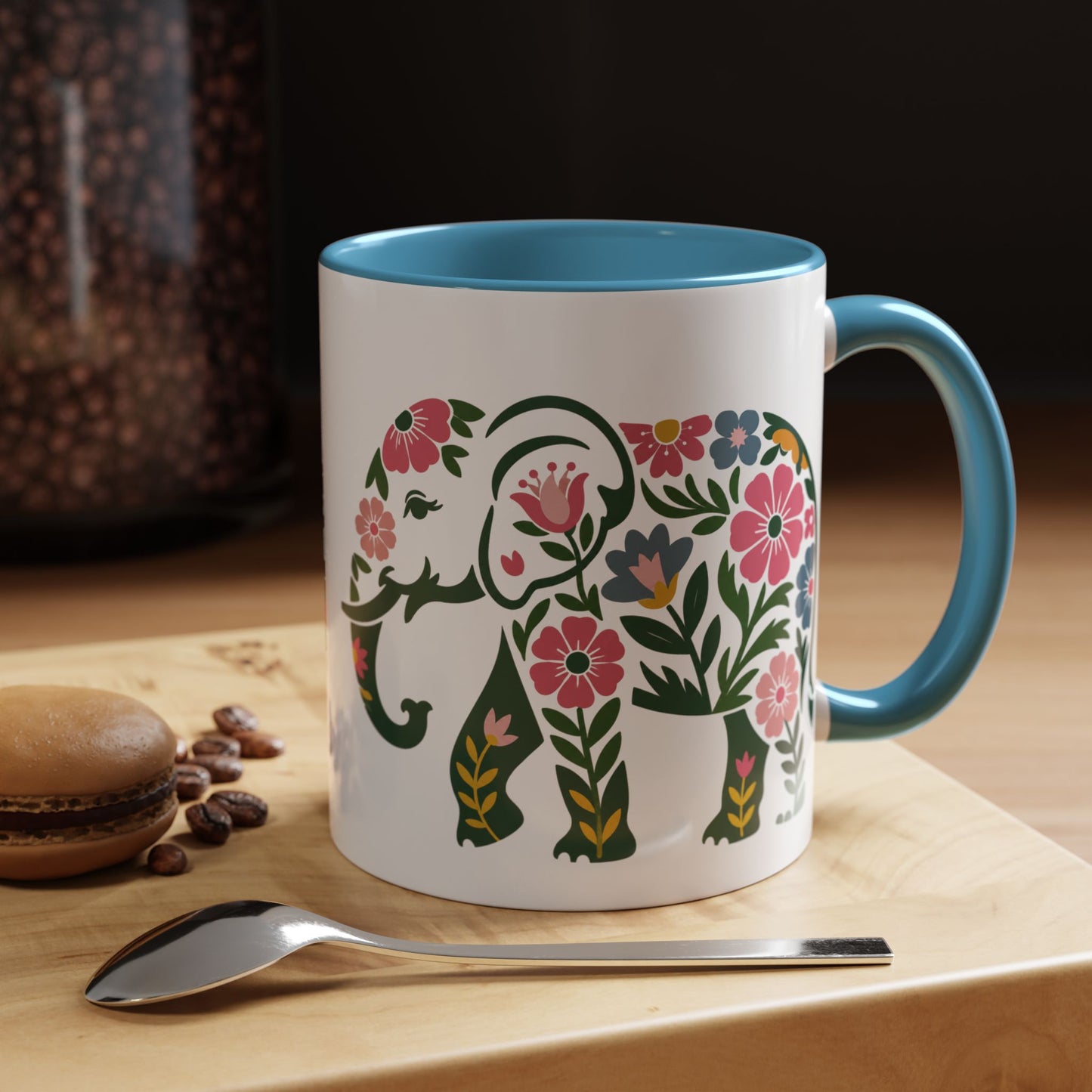Floral Elephant Accent Coffee Mug | Boho Elephant Ceramic Mug | 11oz & 15oz Color Accent Mug (4271)