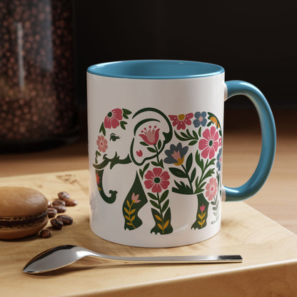 Floral Elephant Accent Coffee Mug | Boho Elephant Ceramic Mug | 11oz & 15oz Color Accent Mug (4271)