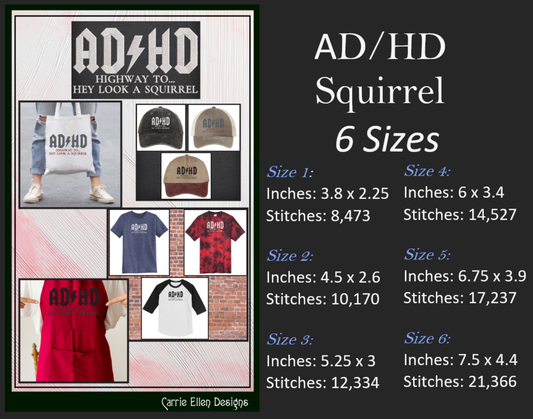 ADHD Machine Embroidery Design Saying, Funny Distraction Squirrel Embroidery Design, 6 Sizes (1965)