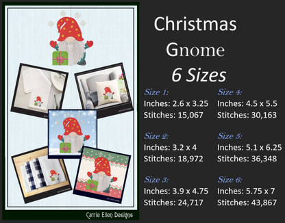 Christmas Gnome Machine Embroidery Design – Holiday Gnome with Present – 6 Sizes (1997)