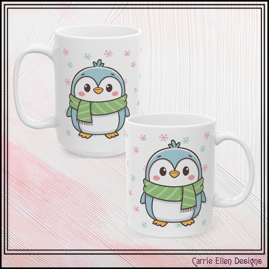 Blue Penguin with Colorful Snowflakes Ceramic Mug | Cute Winter Coffee Cup | Holiday Penguin Gift | 11oz & 15oz