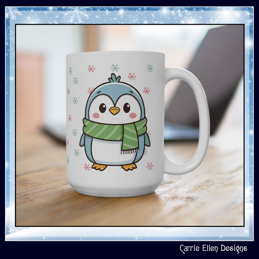 Blue Penguin with Colorful Snowflakes Ceramic Mug | Cute Winter Coffee Cup | Holiday Penguin Gift | 11oz & 15oz