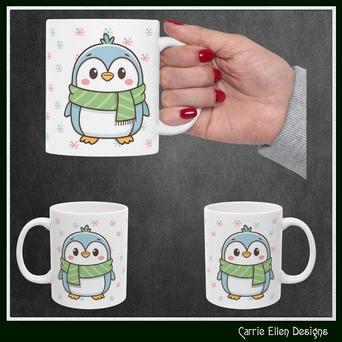 Blue Penguin with Colorful Snowflakes Ceramic Mug | Cute Winter Coffee Cup | Holiday Penguin Gift | 11oz & 15oz