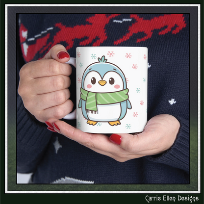 Blue Penguin with Colorful Snowflakes Ceramic Mug | Cute Winter Coffee Cup | Holiday Penguin Gift | 11oz & 15oz