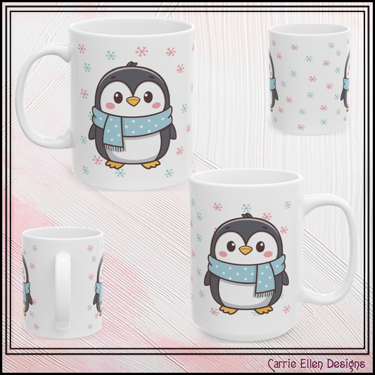 Gray Penguin with Colorful Snowflakes Ceramic Mug | Cute Winter Coffee Cup | Holiday Penguin Gift | 11oz & 15oz