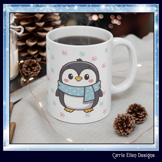 Gray Penguin with Colorful Snowflakes Ceramic Mug | Cute Winter Coffee Cup | Holiday Penguin Gift | 11oz & 15oz