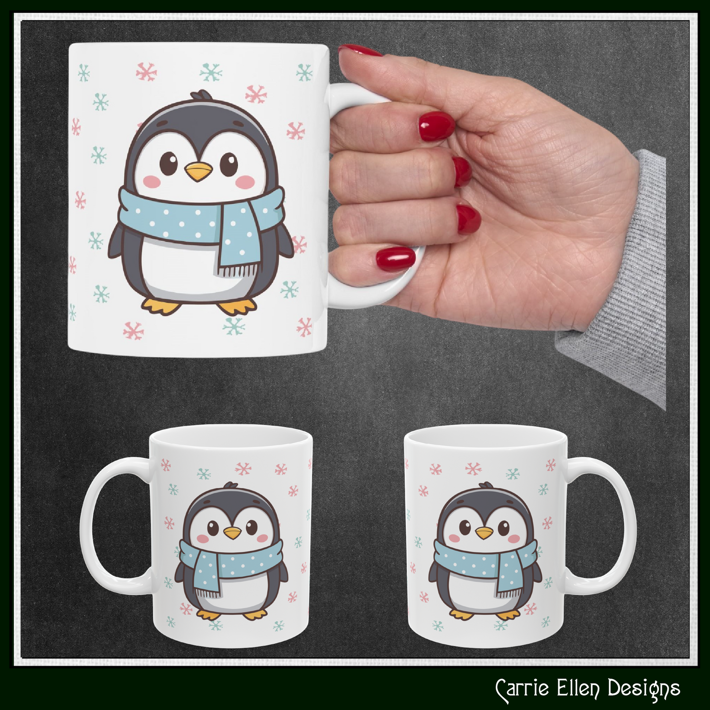 Gray Penguin with Colorful Snowflakes Ceramic Mug | Cute Winter Coffee Cup | Holiday Penguin Gift | 11oz & 15oz