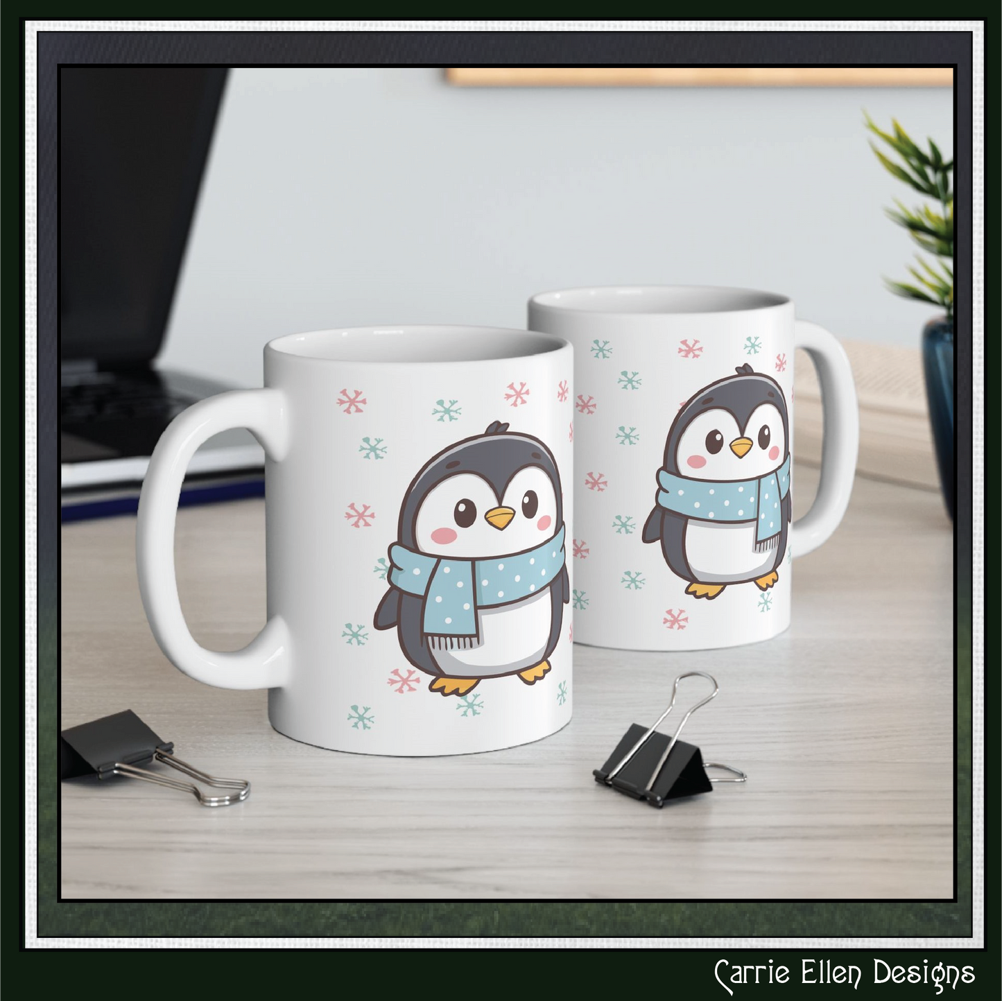 Gray Penguin with Colorful Snowflakes Ceramic Mug | Cute Winter Coffee Cup | Holiday Penguin Gift | 11oz & 15oz