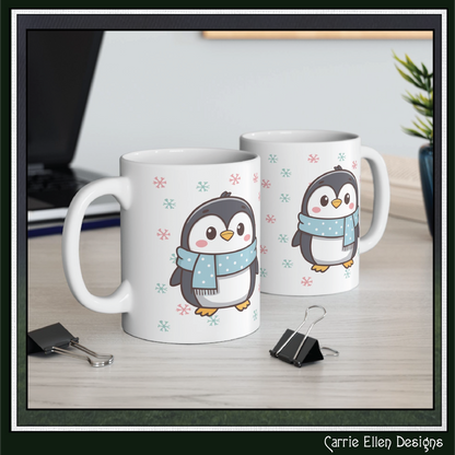 Gray Penguin with Colorful Snowflakes Ceramic Mug | Cute Winter Coffee Cup | Holiday Penguin Gift | 11oz & 15oz