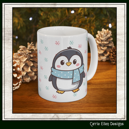 Gray Penguin with Colorful Snowflakes Ceramic Mug | Cute Winter Coffee Cup | Holiday Penguin Gift | 11oz & 15oz