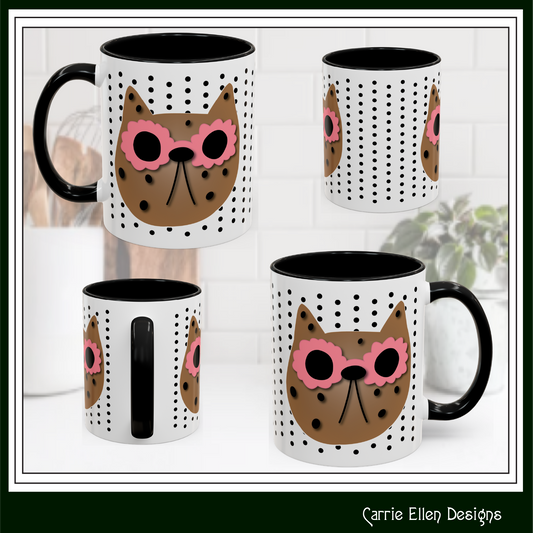 Spotted Cat Mug with Pink Sunglasses Accent Coffee Cup | 11oz 15oz (3812)