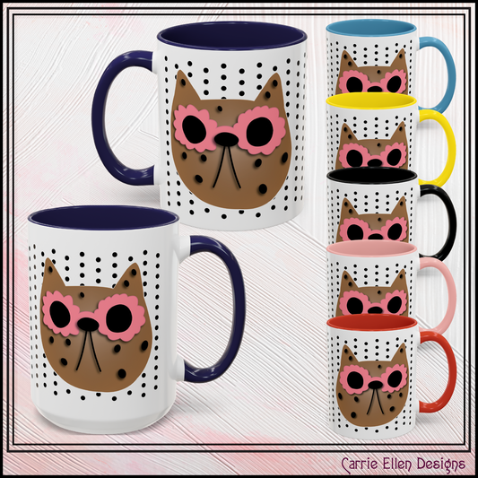 Spotted Cat Mug with Pink Sunglasses Accent Coffee Cup | 11oz 15oz (3812)