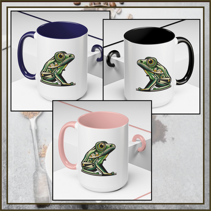 Green Stylized Frog Mug | Embroidery Styled Accent Colored Printed Coffee Mug (3817)
