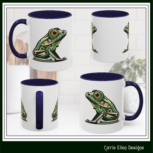 Green Stylized Frog Mug | Embroidery Styled Accent Colored Printed Coffee Mug (3817)