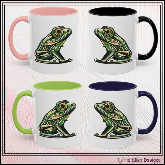 Green Stylized Frog Mug | Embroidery Styled Accent Colored Printed Coffee Mug (3817)