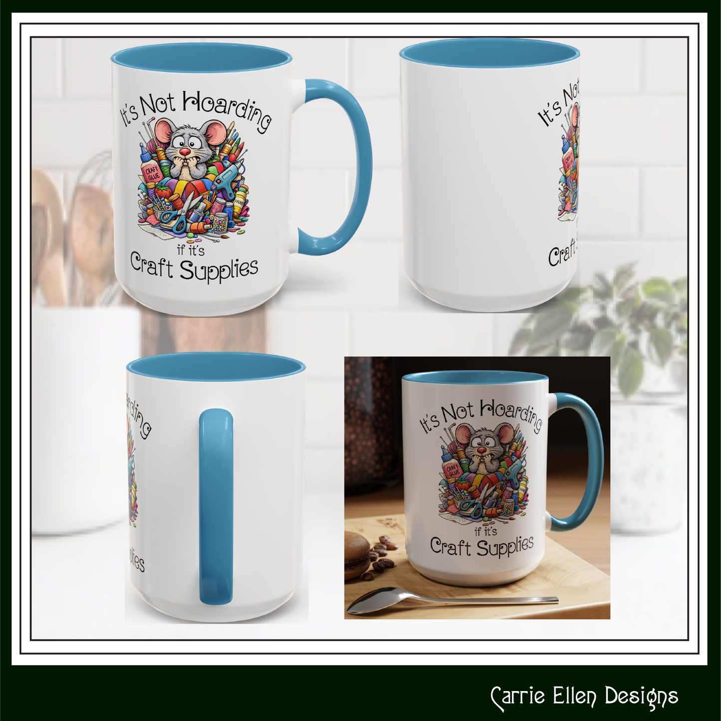 Craft Supply Hoarding Mouse Ceramic Mug | Funny Crafter Color Accent Mug (3857)