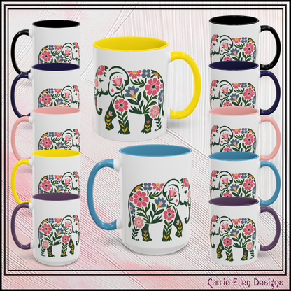 Floral Elephant Accent Coffee Mug | Boho Elephant Ceramic Mug | 11oz & 15oz Color Accent Mug (4271)