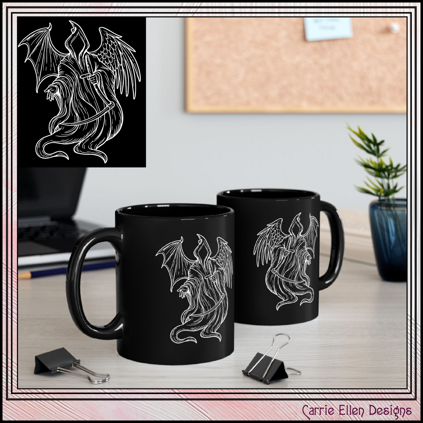 Grim Reaper with Angel & Demon Wings Black Ceramic Mug | 11oz & 15oz (4270)