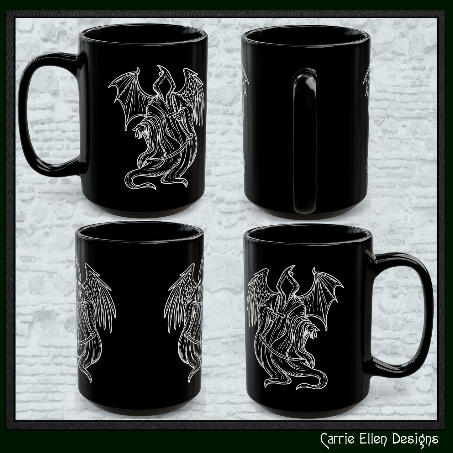Grim Reaper with Angel & Demon Wings Black Ceramic Mug | 11oz & 15oz (4270)