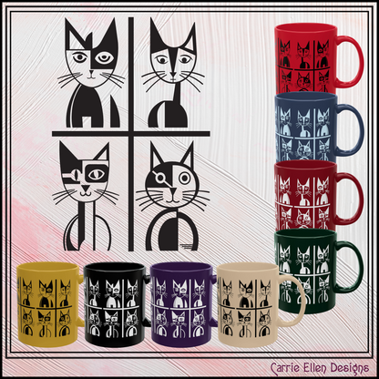 Geometric Cat Color Mug | Minimalist Cat 11oz Ceramic Coffee Mug | 8 Color Choices (4276)
