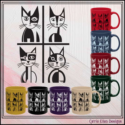 Geometric Cat Color Mug | Minimalist Cat 11oz Ceramic Coffee Mug | 8 Color Choices (4276)