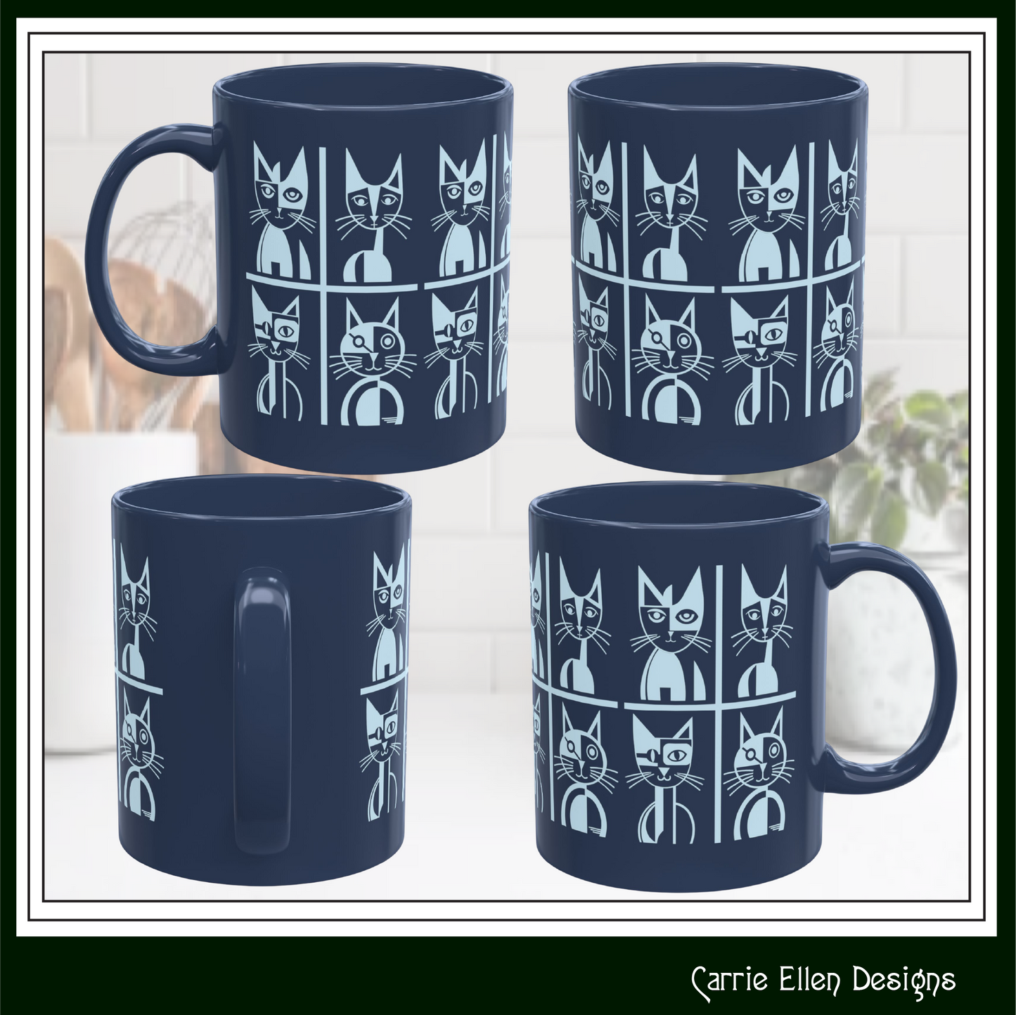 Geometric Cat Color Mug | Minimalist Cat 11oz Ceramic Coffee Mug | 8 Color Choices (4276)