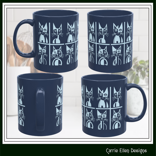 Geometric Cat Color Mug | Minimalist Cat 11oz Ceramic Coffee Mug | 8 Color Choices (4276)
