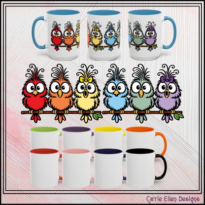 Colorful Cartoon Birds Coffee Mug — Chicks on a Stick 11/15oz Accent Mug (4278)