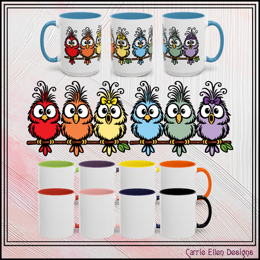 Colorful Cartoon Birds Coffee Mug — Chicks on a Stick 11/15oz Accent Mug (4278)