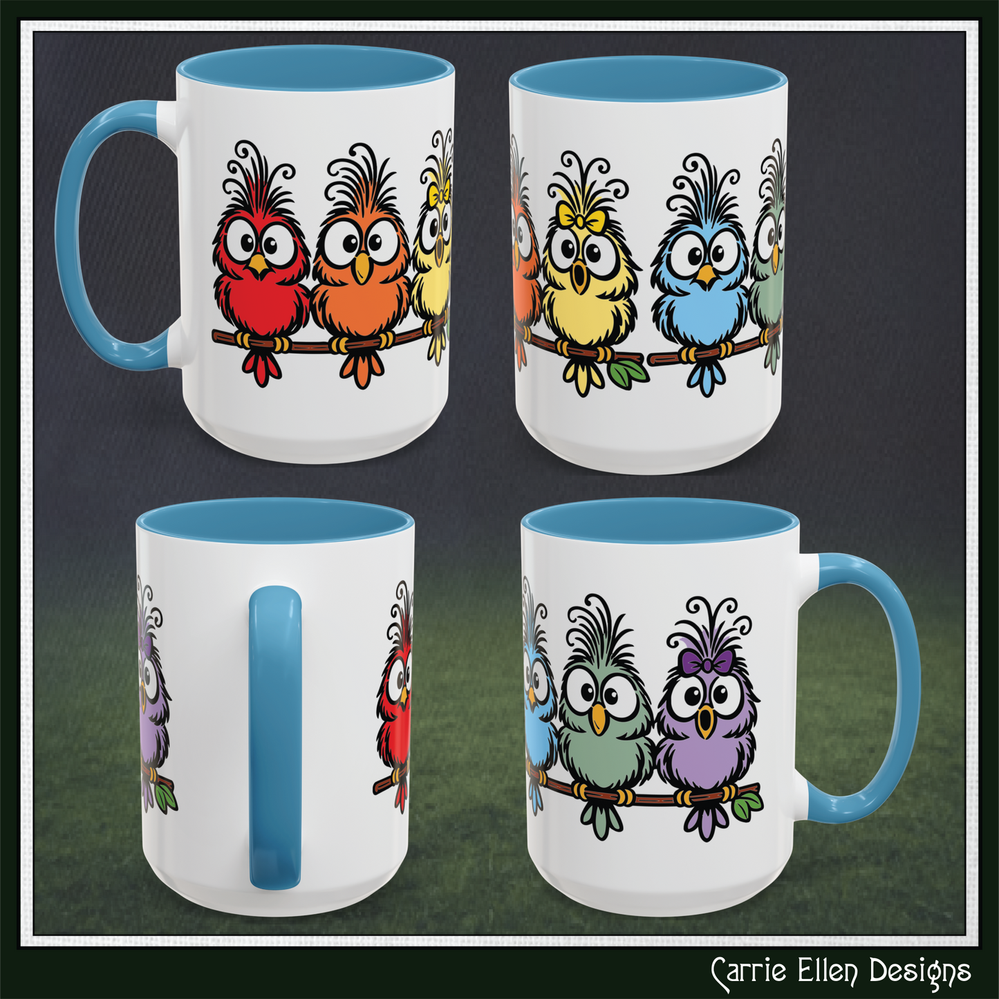 Colorful Cartoon Birds Coffee Mug — Chicks on a Stick 11/15oz Accent Mug (4278)