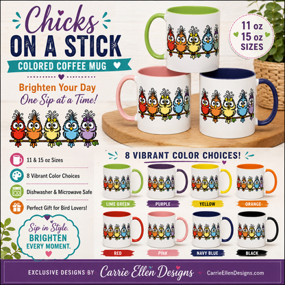 Colorful Cartoon Birds Coffee Mug — Chicks on a Stick 11/15oz Accent Mug (4278)