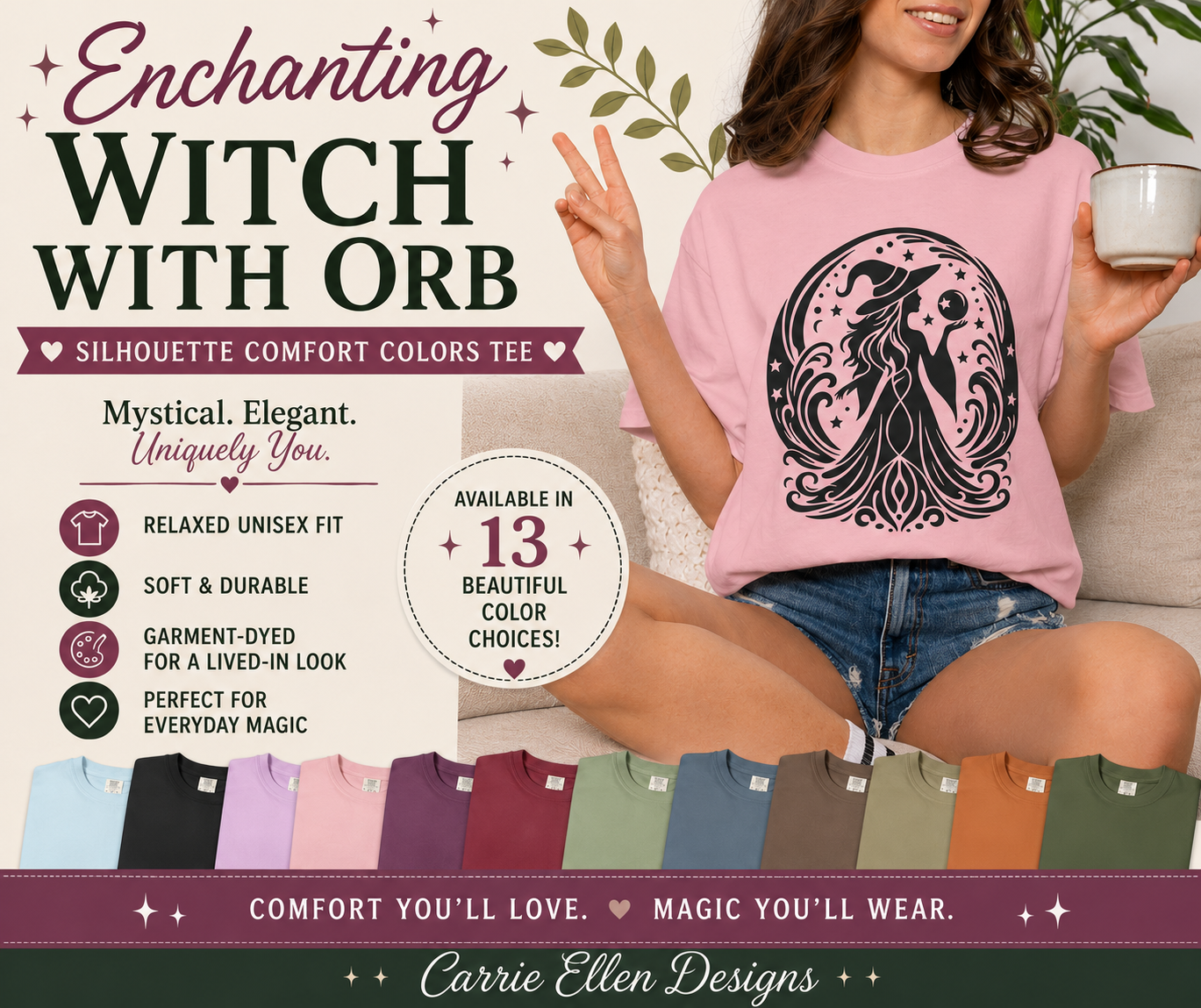 Enchanting Witch with Crystal Orb Comfort Colors T-Shirt | Mystical Witch Shirt (4281)