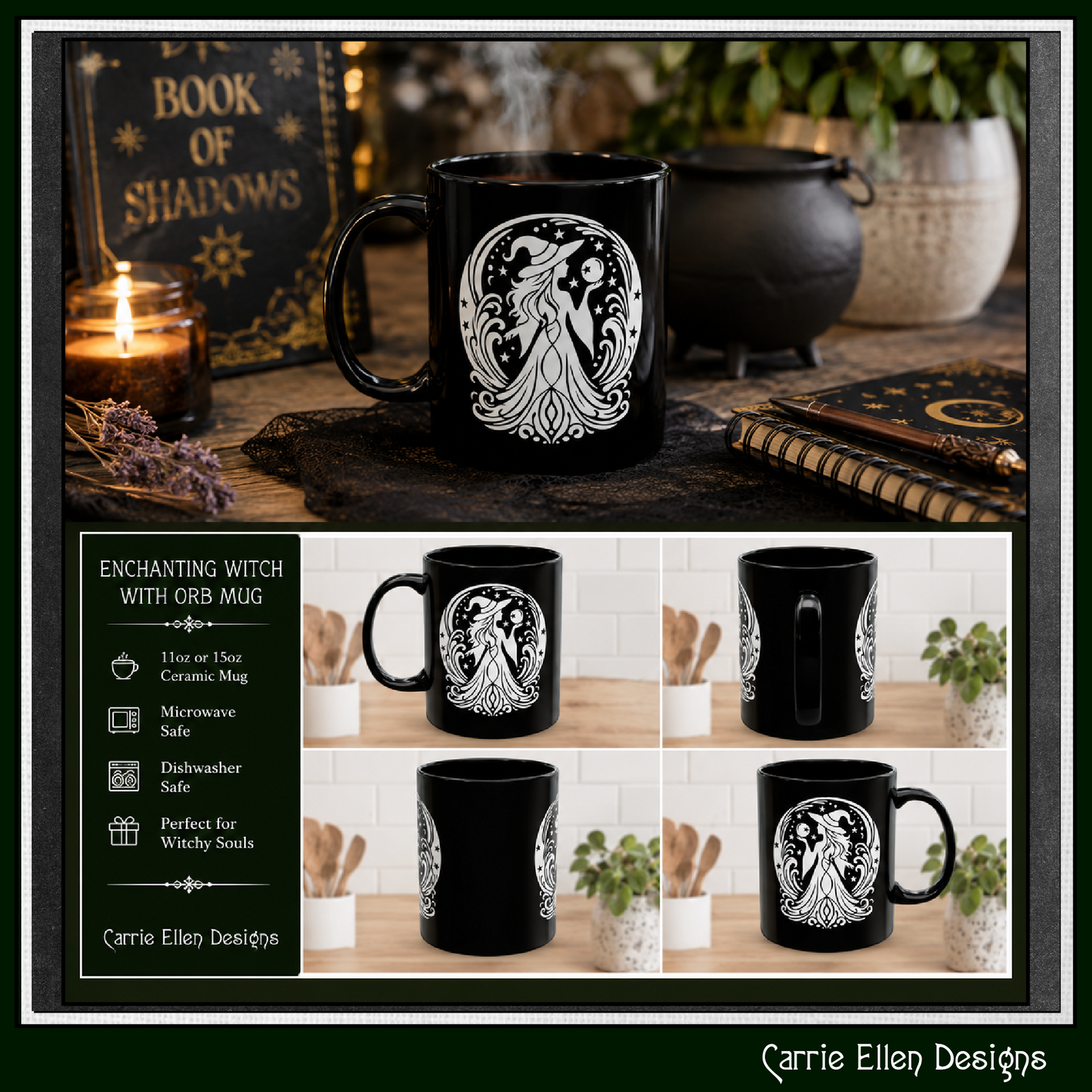 Enchanting Witch with Orb 11 oz Ceramic Mug, 8 Colors Halloween Witch Mug (4287)