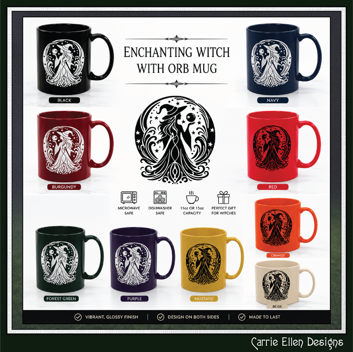 Enchanting Witch with Orb 11 oz Ceramic Mug, 8 Colors Halloween Witch Mug (4287)