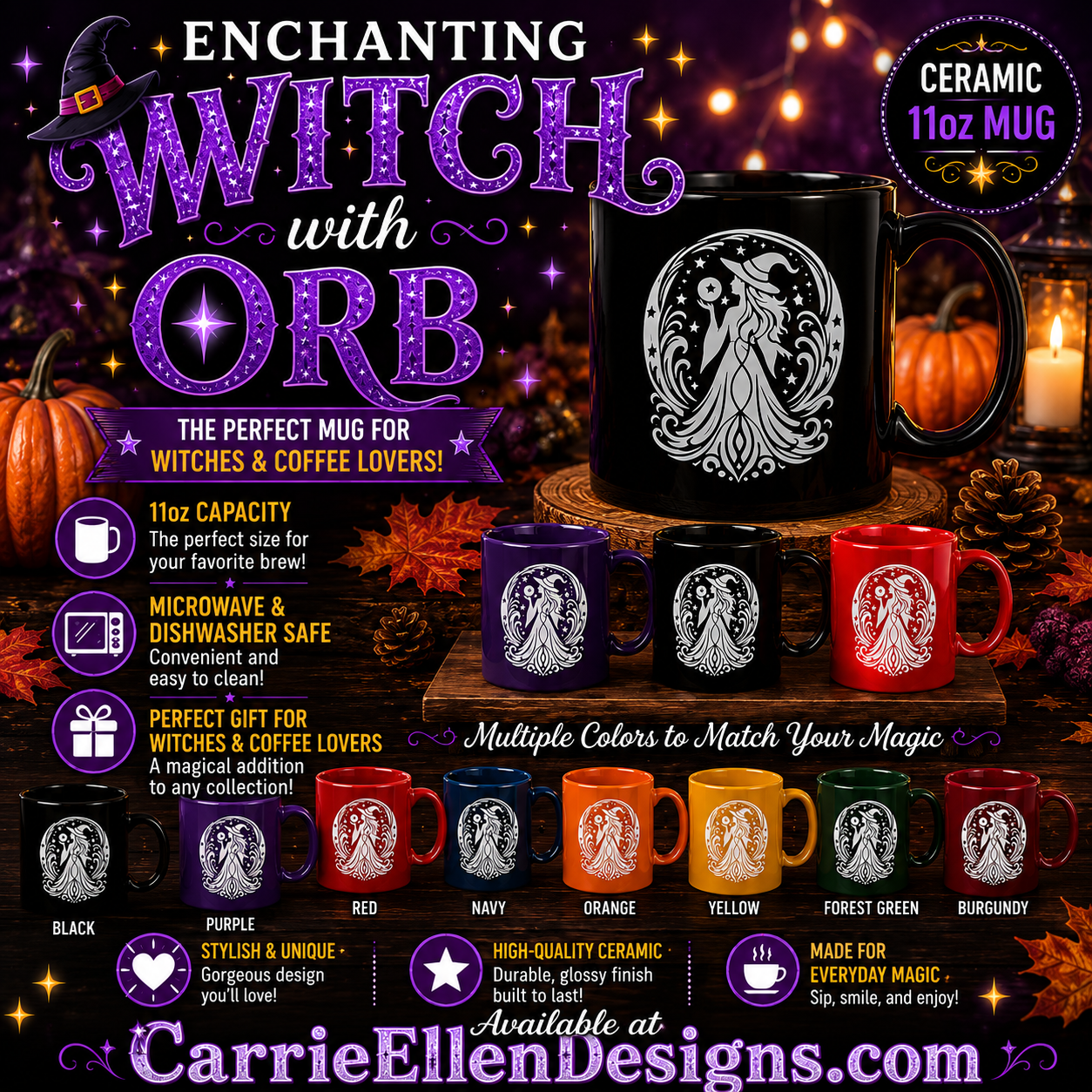 Enchanting Witch with Orb 11 oz Ceramic Mug, 8 Colors Halloween Witch Mug (4287)