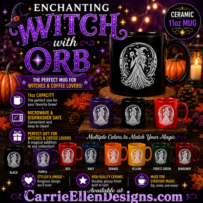 Enchanting Witch with Orb 11 oz Ceramic Mug, 8 Colors Halloween Witch Mug (4287)