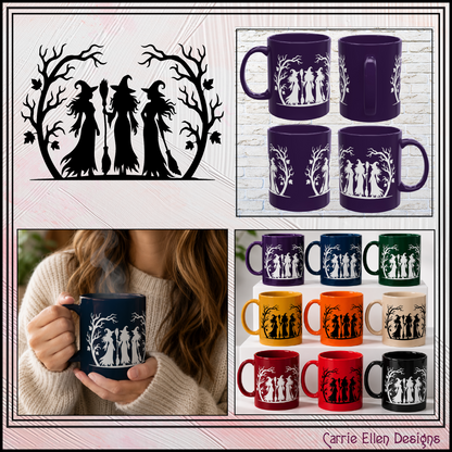 Witch Trio 11 oz Ceramic Coffee Mug | Halloween Witch Mug | 9 Color Choices (4290)
