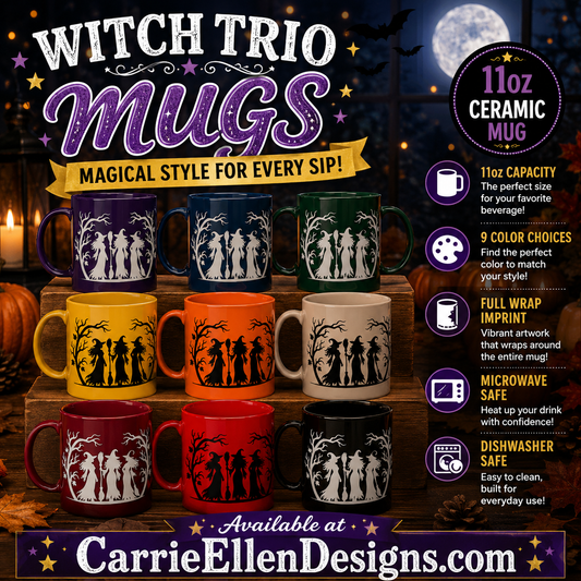 Witch Trio 11 oz Ceramic Coffee Mug | Halloween Witch Mug | 9 Color Choices (4290)