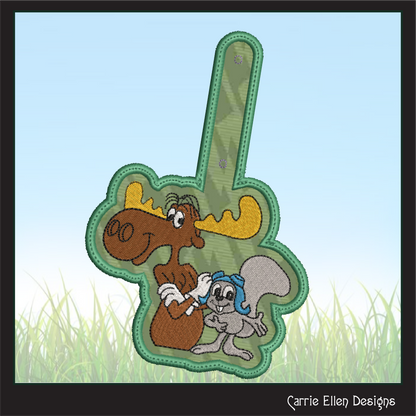 Bullwinkle and Rocky ITH Key Fob Machine Embroidery Design | Classic Cartoon Moose and Squirrel In-The-Hoop Project (2083)