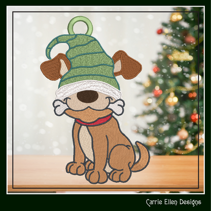 Dog Gnome FSL Machine Embroidery Design – Dog with Bone Gnome Ornament, 1 Size (2102)