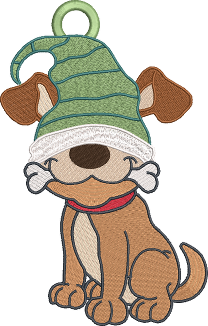 Dog Gnome FSL Machine Embroidery Design – Dog with Bone Gnome Ornament, 1 Size (2102)
