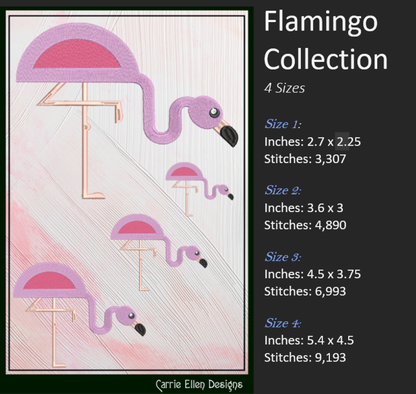 Flamingo Machine Embroidery Bundle – Quirky Pink Bird Designs, Set of 6 Whimsical Flamingos, 4 Sizes Each (2137)