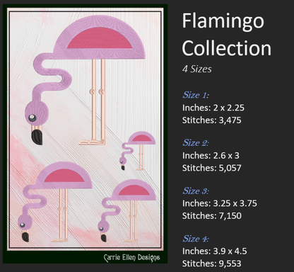 Flamingo Machine Embroidery Bundle – Quirky Pink Bird Designs, Set of 6 Whimsical Flamingos, 4 Sizes Each (2137)