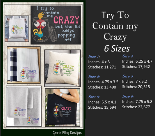 Crazy Chicken in a Jar Machine Embroidery Design – "Try to Contain My Crazy" Funny Saying and Quote, 6 Sizes (2173)