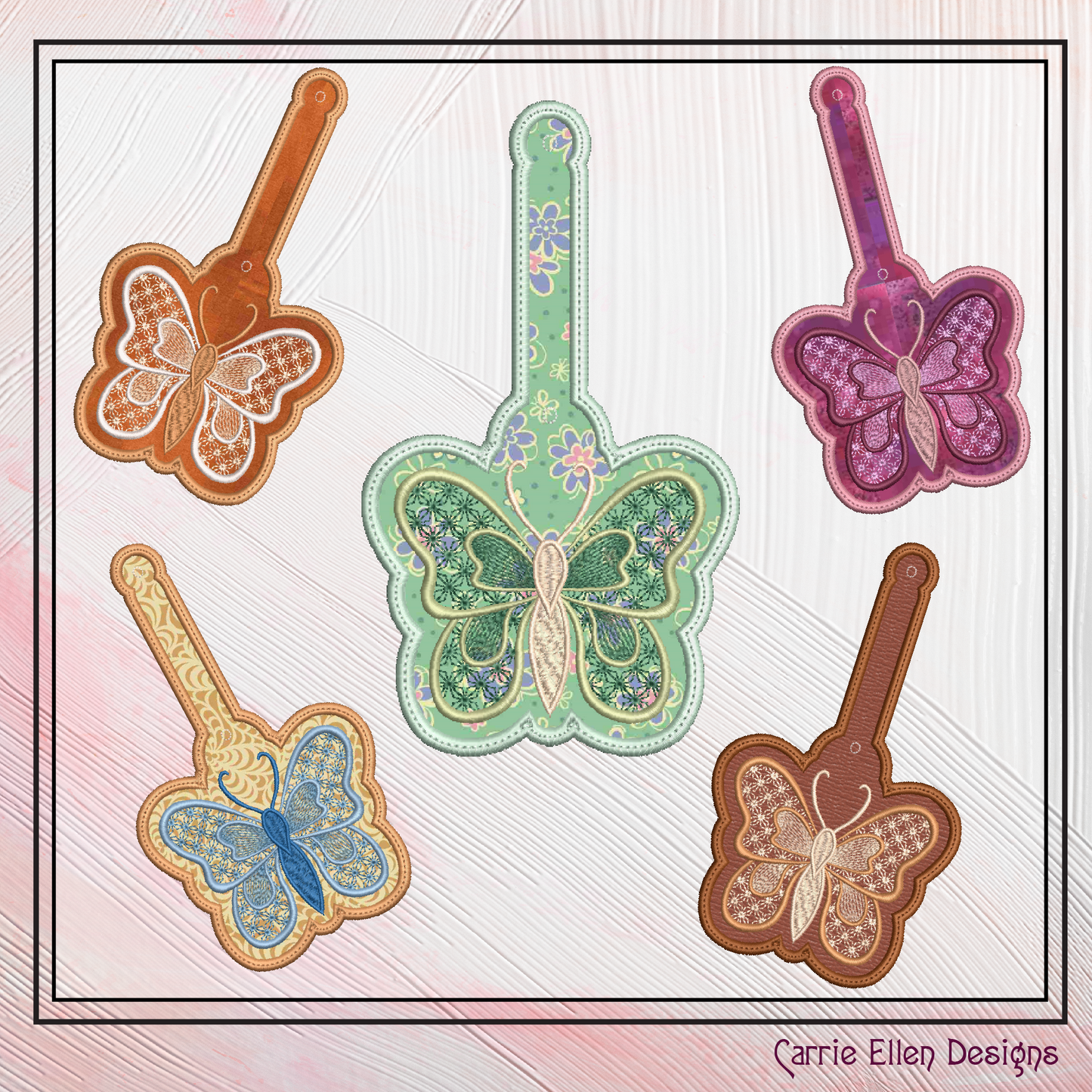Butterfly ITH Key Fob Machine Embroidery Design | Garden Motif In-The-Hoop Butterfly Key Tag (2176)
